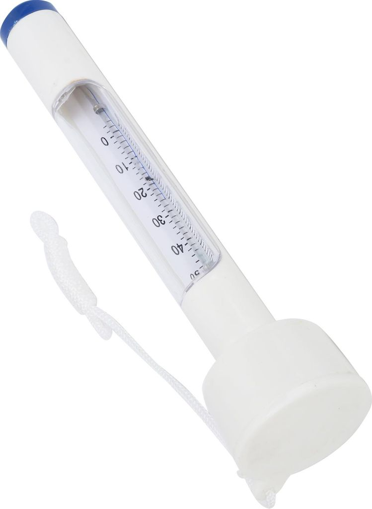 Ein weißer Thermometer mit blauer Kappe und einer Schnur.