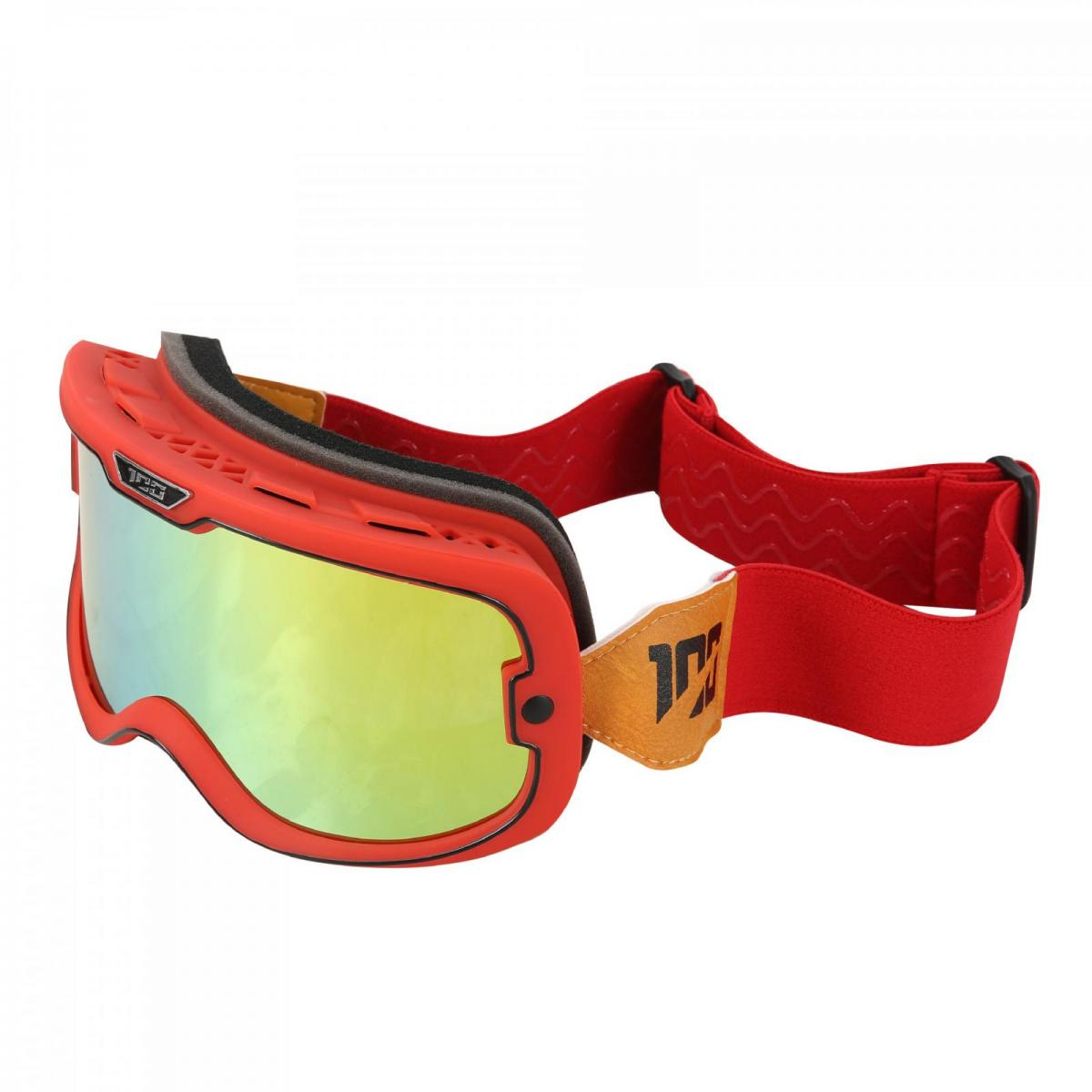 Rote Skibrille mit gelbem verspiegeltem Glas und rotem Band.
