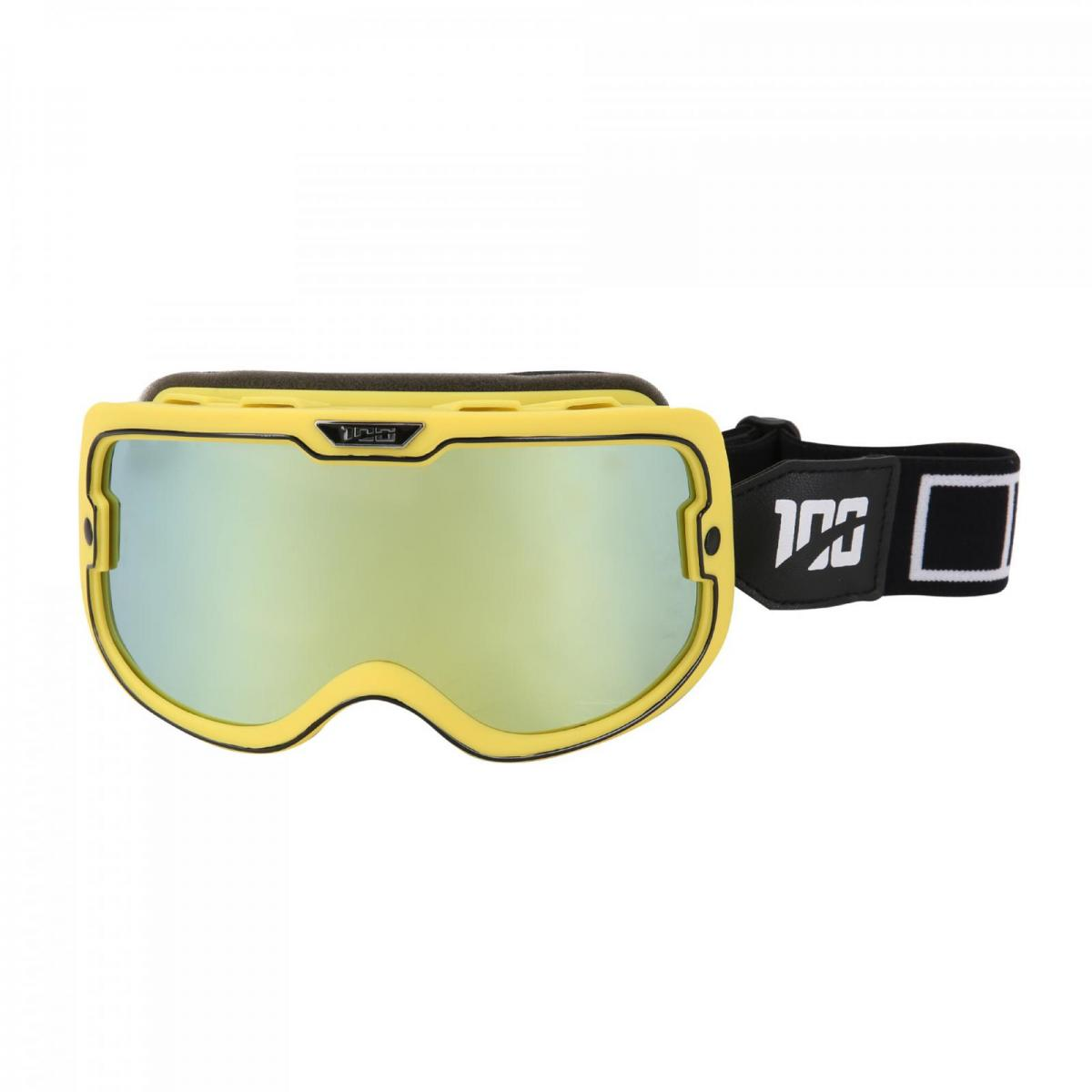 Gelbe Skibrille mit reflektierendem Visier und schwarzem Band mit weißem Logo.