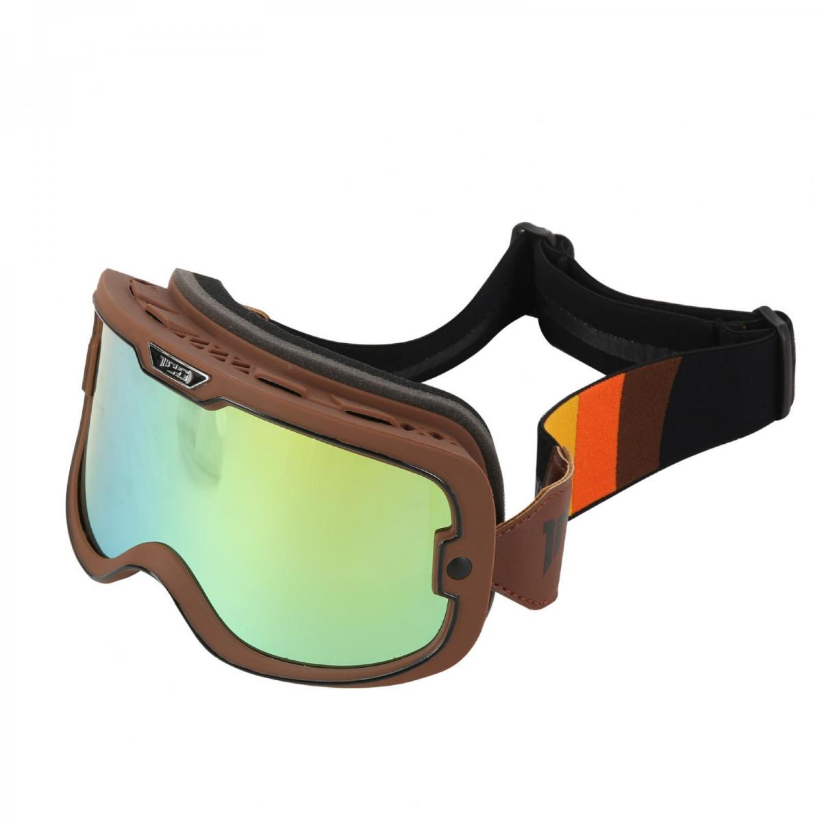 Braune Skibrille mit spiegelnder, gelber Linse und gestreiftem Band.