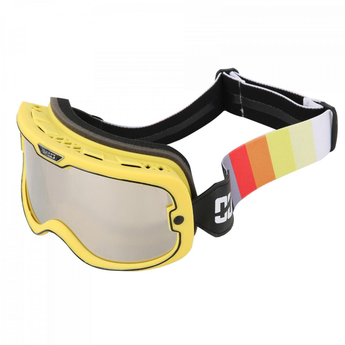 Gelbe Skibrille mit verspiegelter Linse und farbigem Gurt.