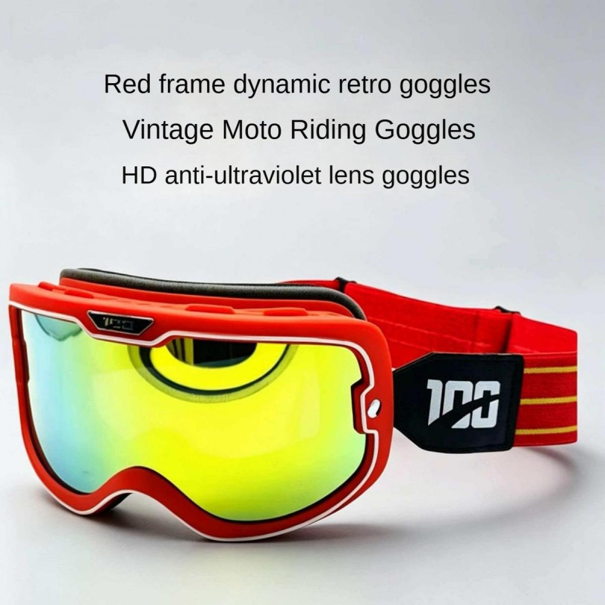 Rote Brille mit gelben, verspiegelten Gläsern und rotem Band.