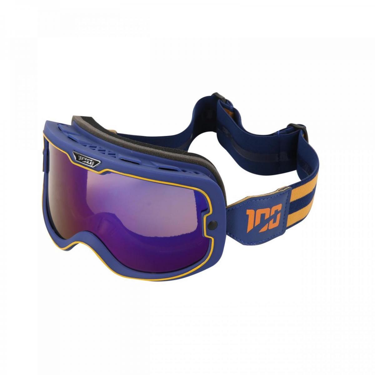 Blaue Skibrille mit verspiegelten lila Gläsern und blau-gelbem Band.