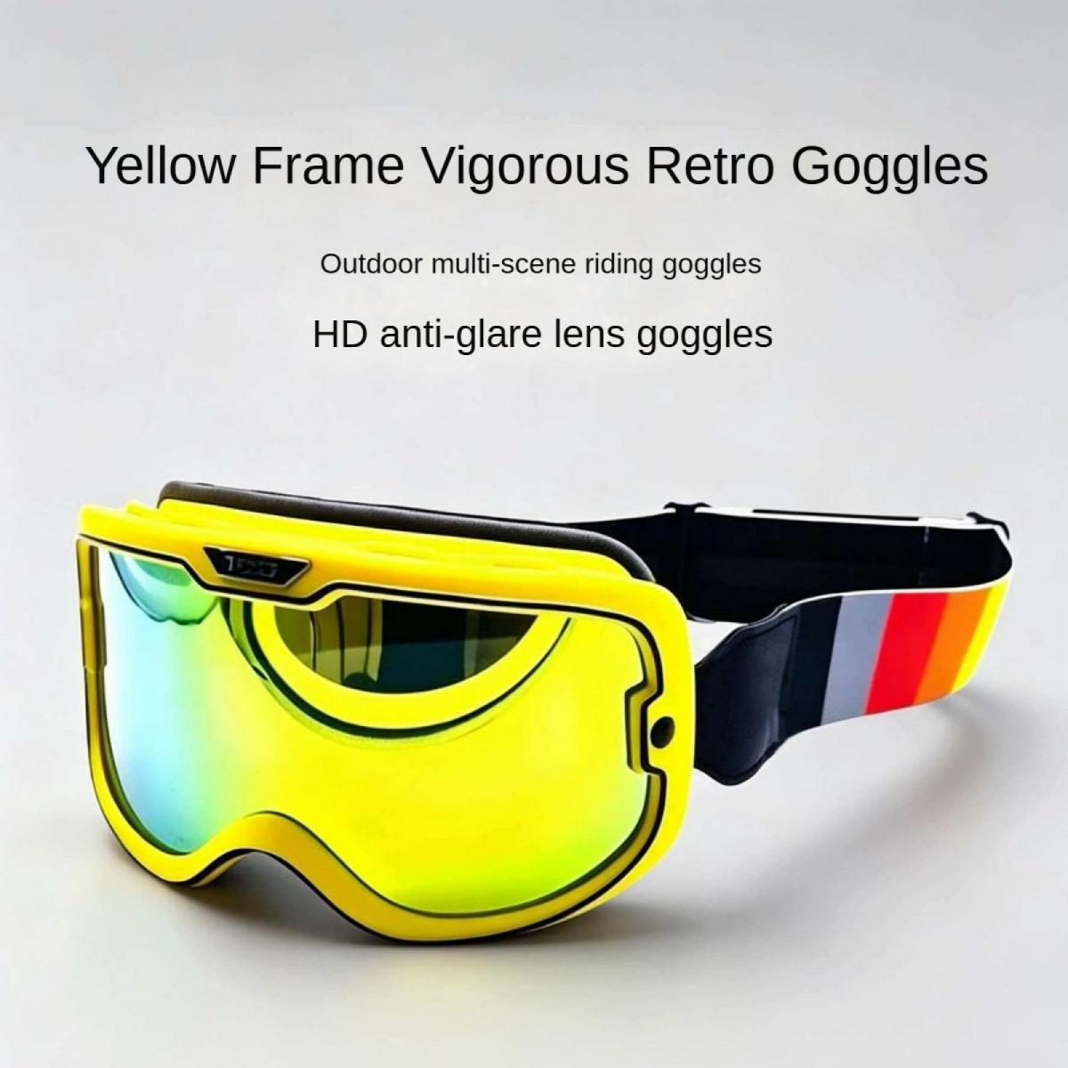 Gelbe Skibrille mit reflektierenden Gläsern und buntem Band.