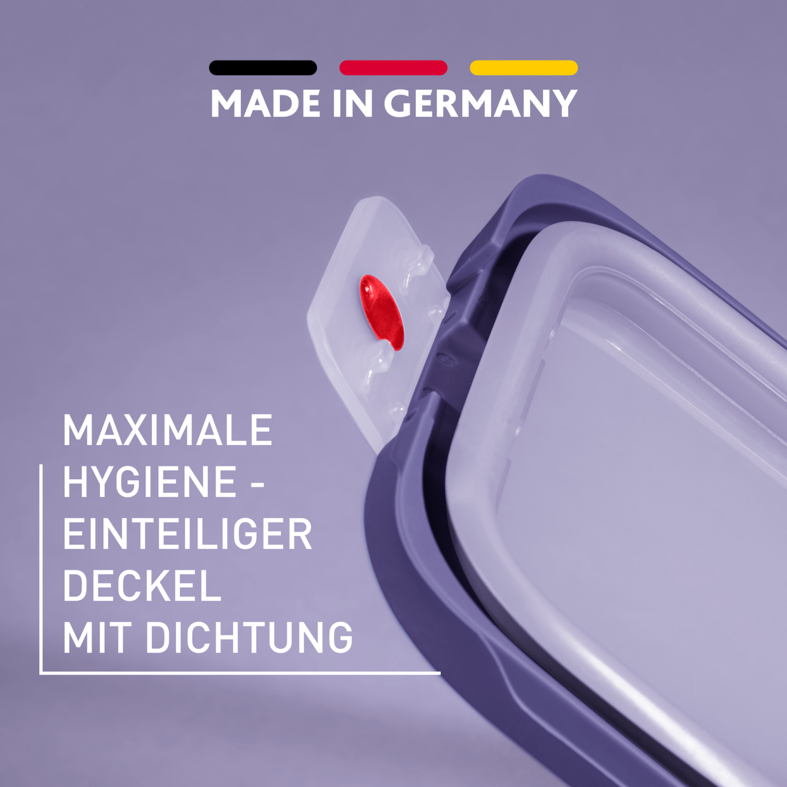 Nahaufnahme eines transparenten Behälters mit lila Deckel. "Made in Germany" steht oben.