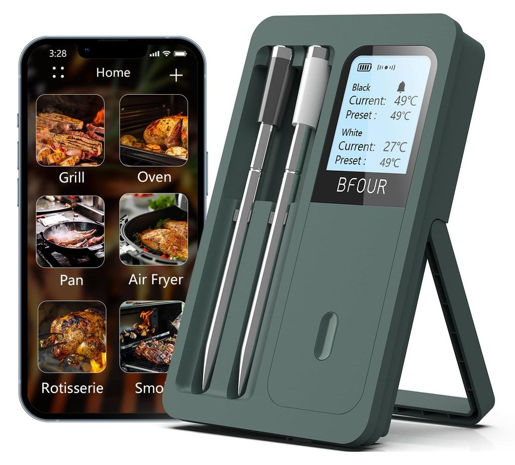 Ein Smartphone zeigt Kochoptionen neben einem digitalen Fleischthermometer an.