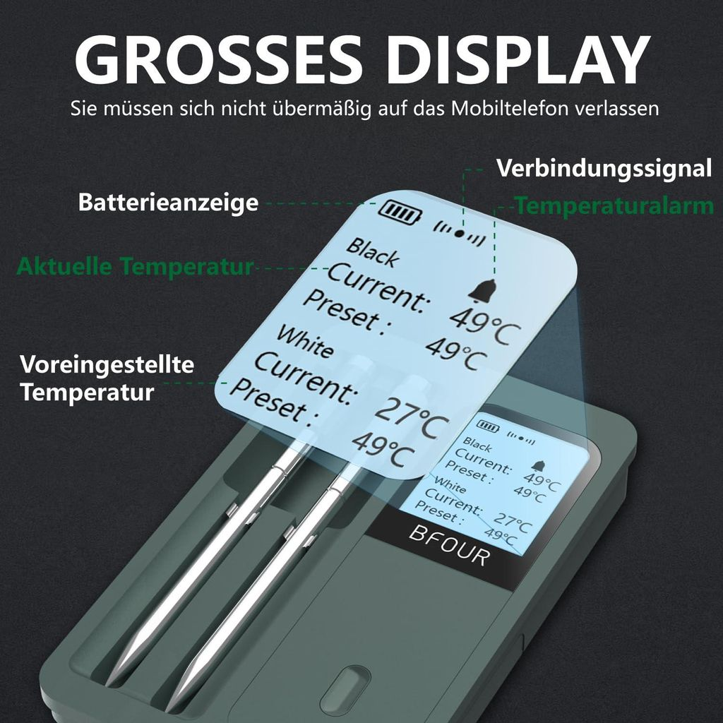 Ein digitales Thermometer mit zwei Sonden zeigt Temperaturen und Einstellungen an.