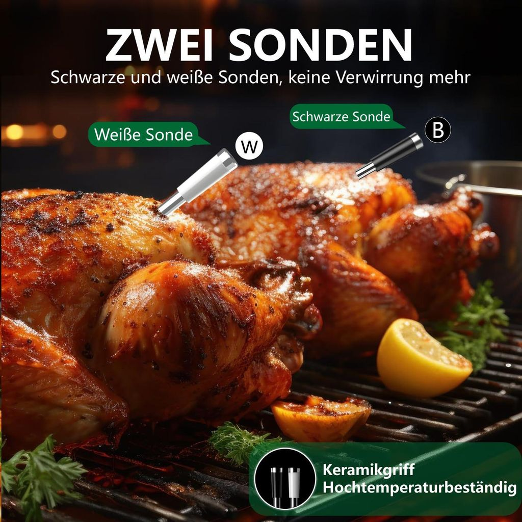 Zwei Bratengeräte auf einem Grill, mit weißen und schwarzen Sonden.