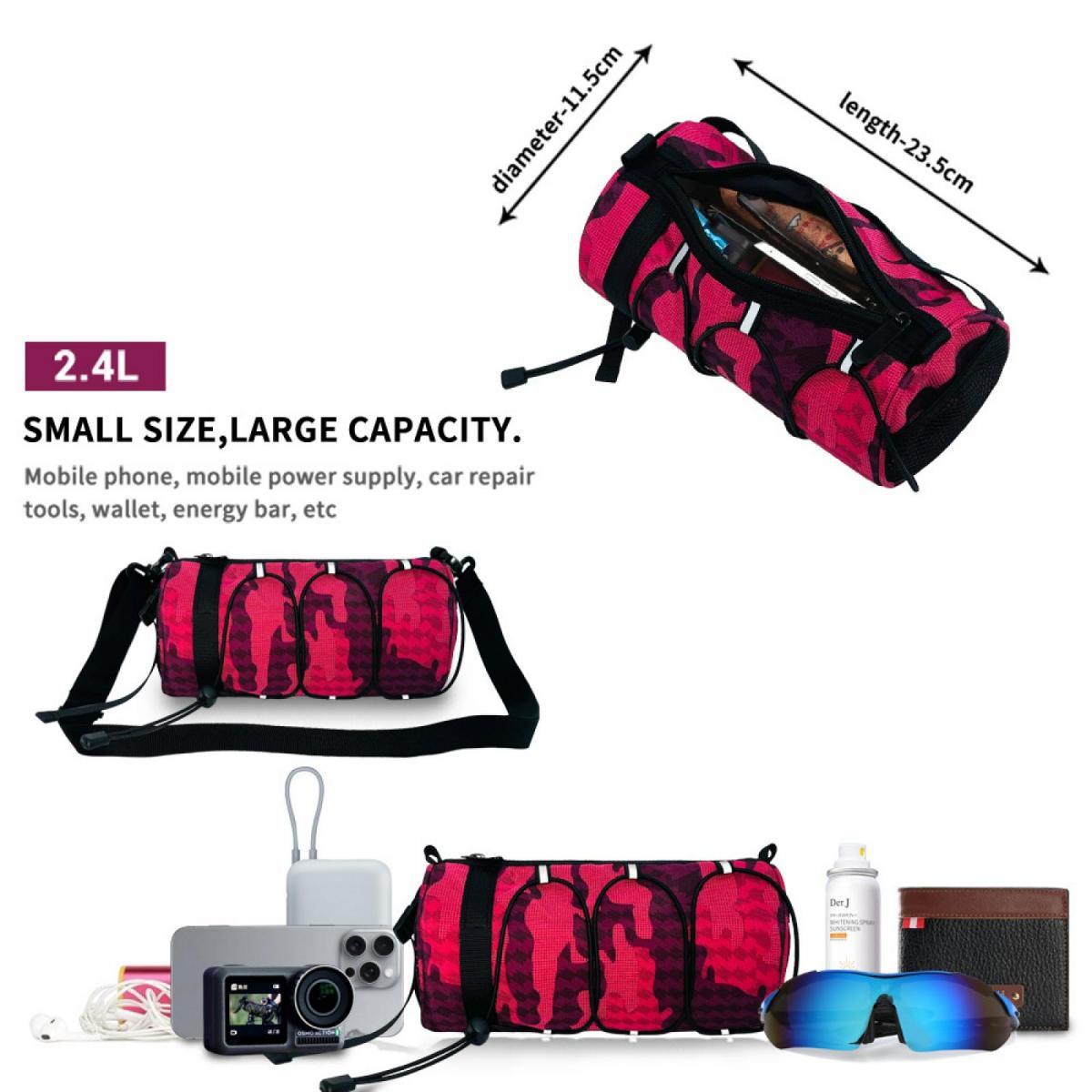 Eine pink-getarnte Tasche mit Zubehör wie Handy, Powerbank und Sonnenbrille.