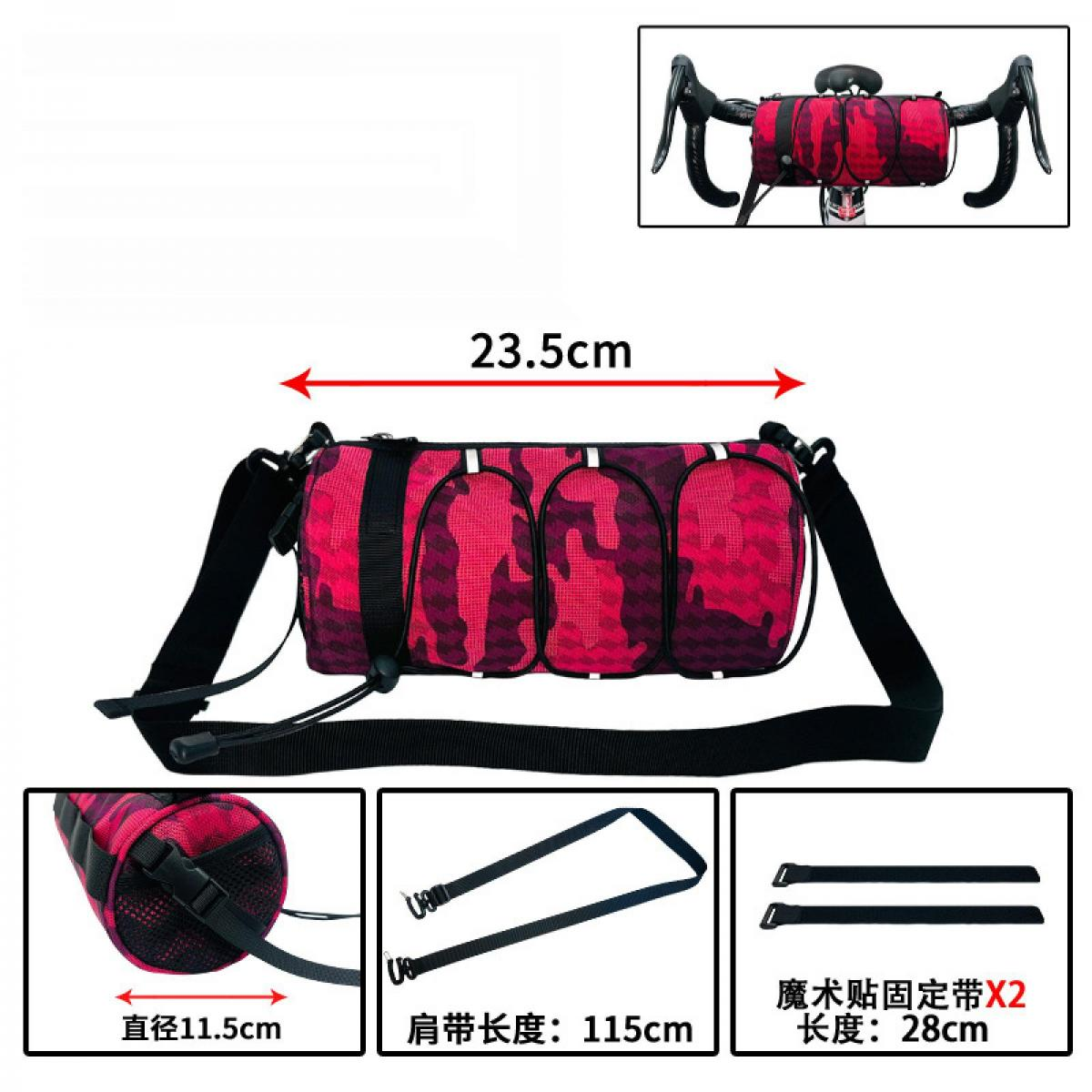 Eine rote Tarnmuster-Fahrradtasche mit schwarzen Trägern und Zubehör.