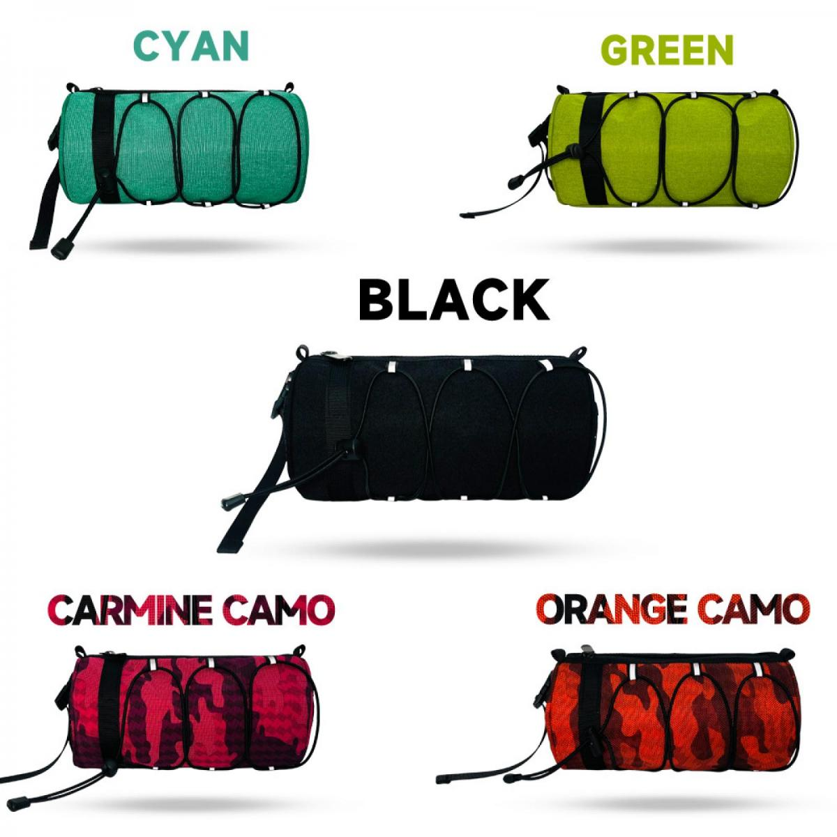 Fünf Fahrradtaschen in verschiedenen Farben: Cyan, Grün, Schwarz, Carmouflage und Orange Camo.