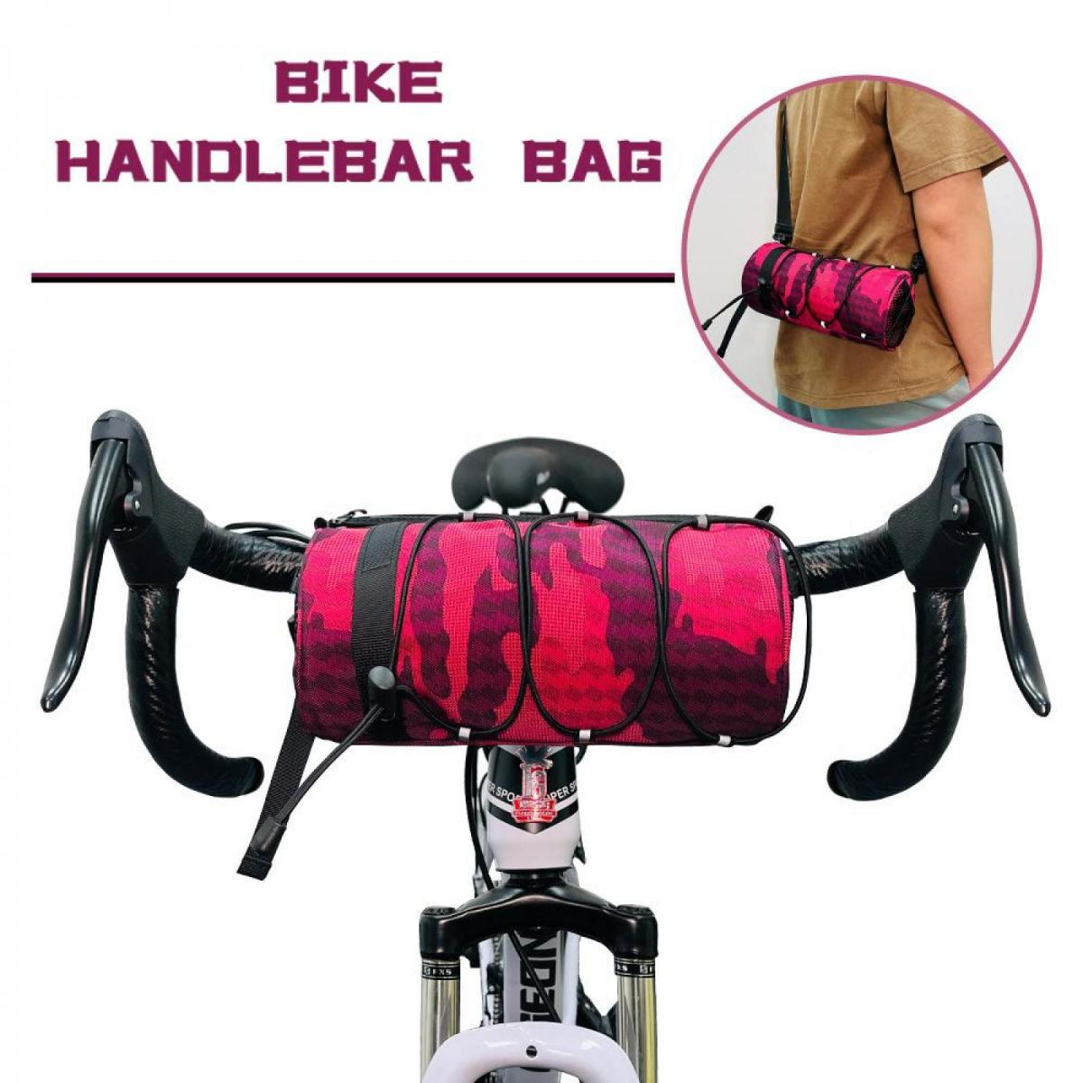 Fahrrad-Lenkertasche mit Camouflage-Muster in Pink und Rot.