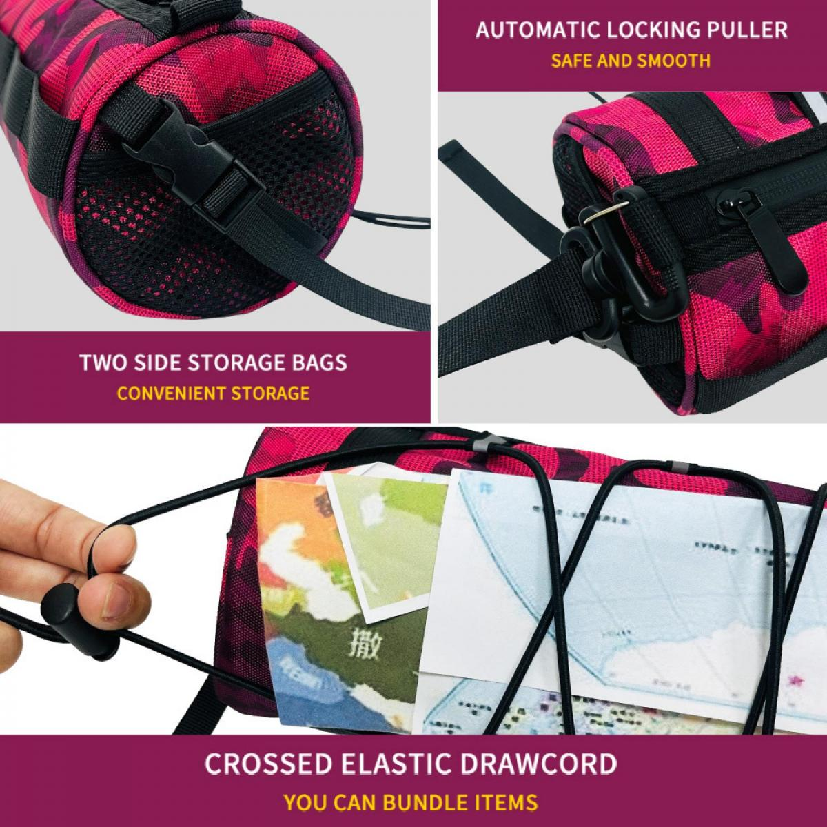 Pinke Camouflage-Tasche mit schwarzen Gurten, Reißverschlüssen und Schnallen.