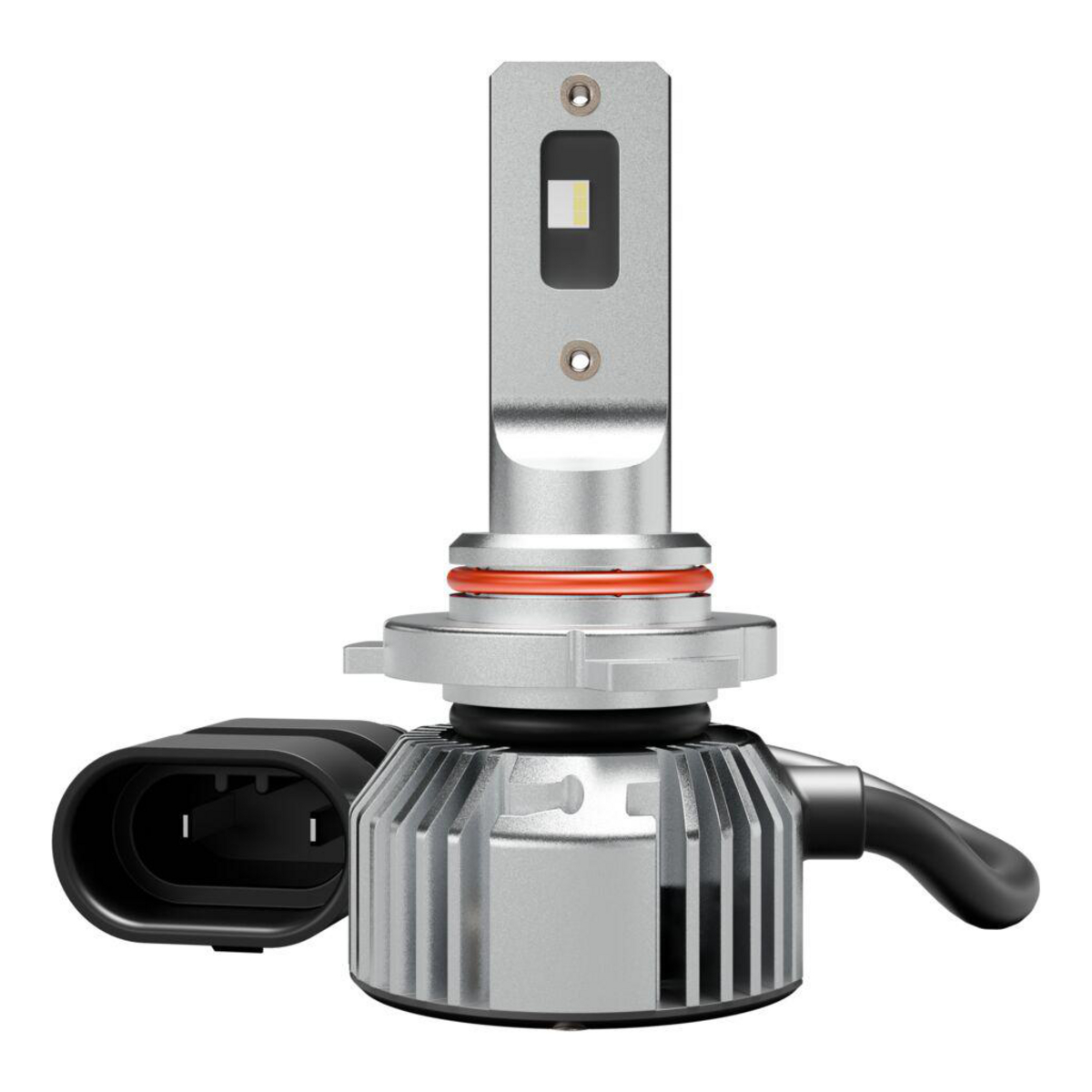 Ein silberner LED-Scheinwerfer mit schwarzem Stecker und rotem Dichtungsring.
