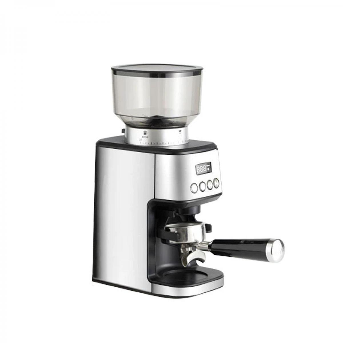 Eine silberne Kaffeemühle mit schwarzem Griff und digitaler Anzeige.