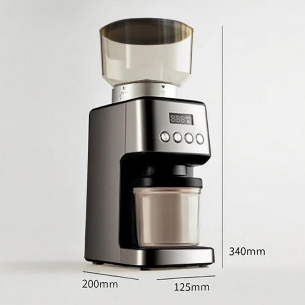 Eine silberne Kaffeemühle mit transparentem Behälter und digitaler Anzeige.