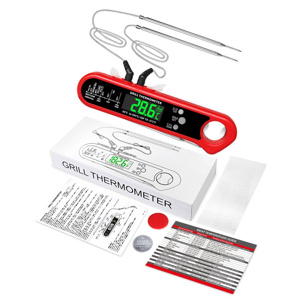 Rotes Grillthermometer mit Digitalanzeige, zwei Sonden, Karton, Anleitung, Batterie.