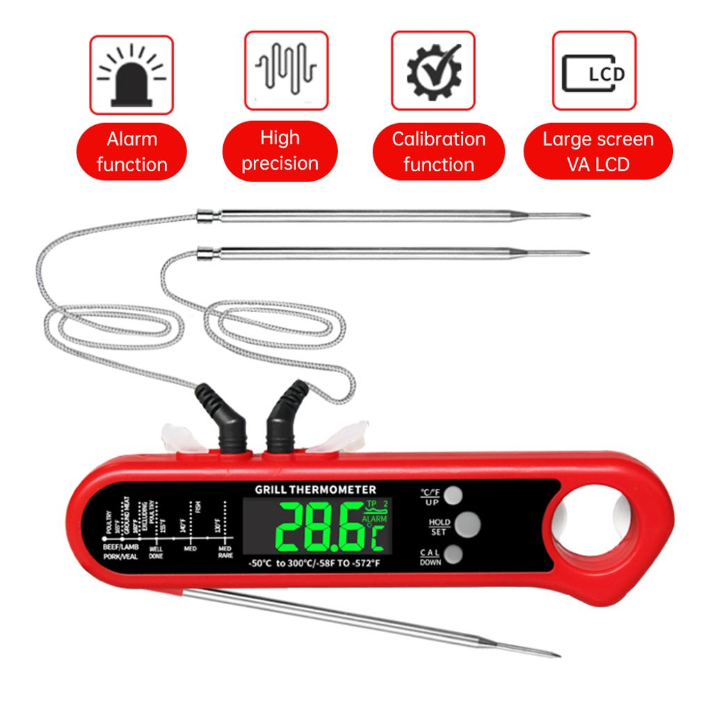 Ein rotes digitales Grillthermometer mit zwei Metallfühlern und LCD-Anzeige.