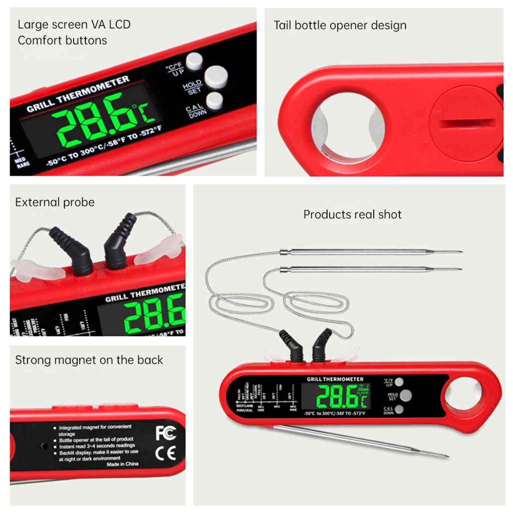 Rotes Grillthermometer mit LCD-Anzeige, Sonden, Flaschenöffner und Magnet.