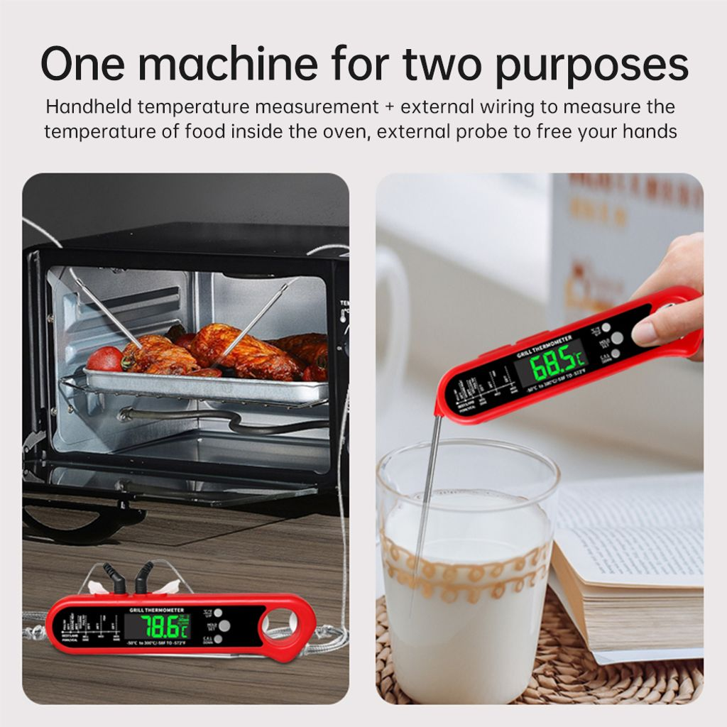 Ein rotes Thermometer misst Milch, während ein Ofen mit Braten daneben gezeigt wird.