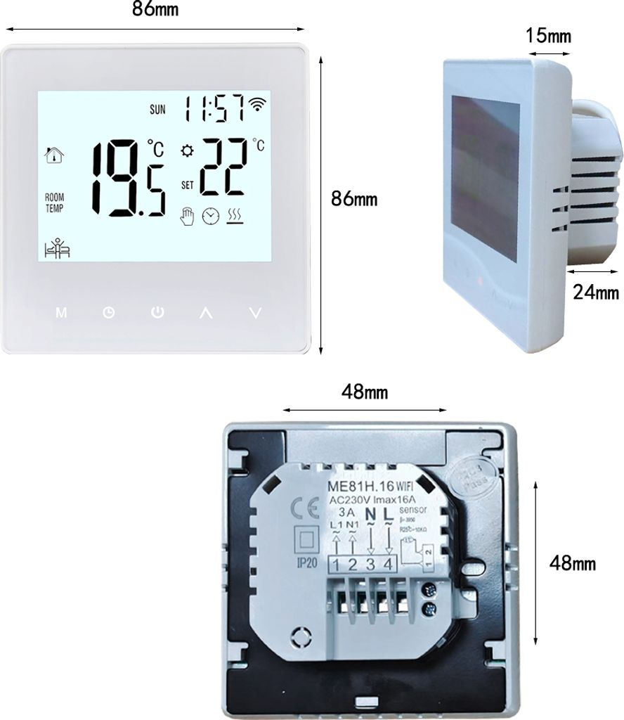 Ein weißer Thermostat mit LCD-Anzeige zeigt Raumtemperatur und Sollwert an.