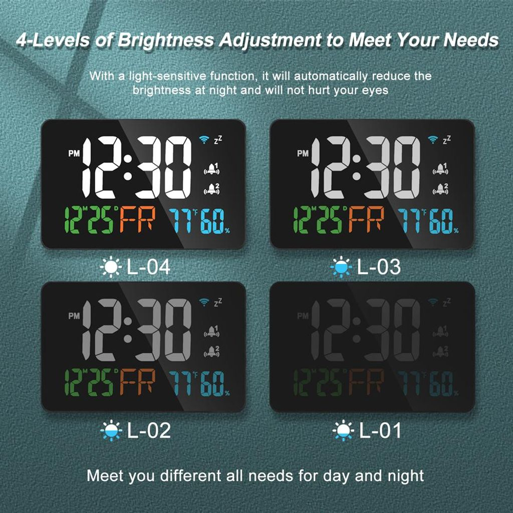 Vier digitale Wecker zeigen 12:30 Uhr, Datum, Temperatur und Luftfeuchtigkeit an.