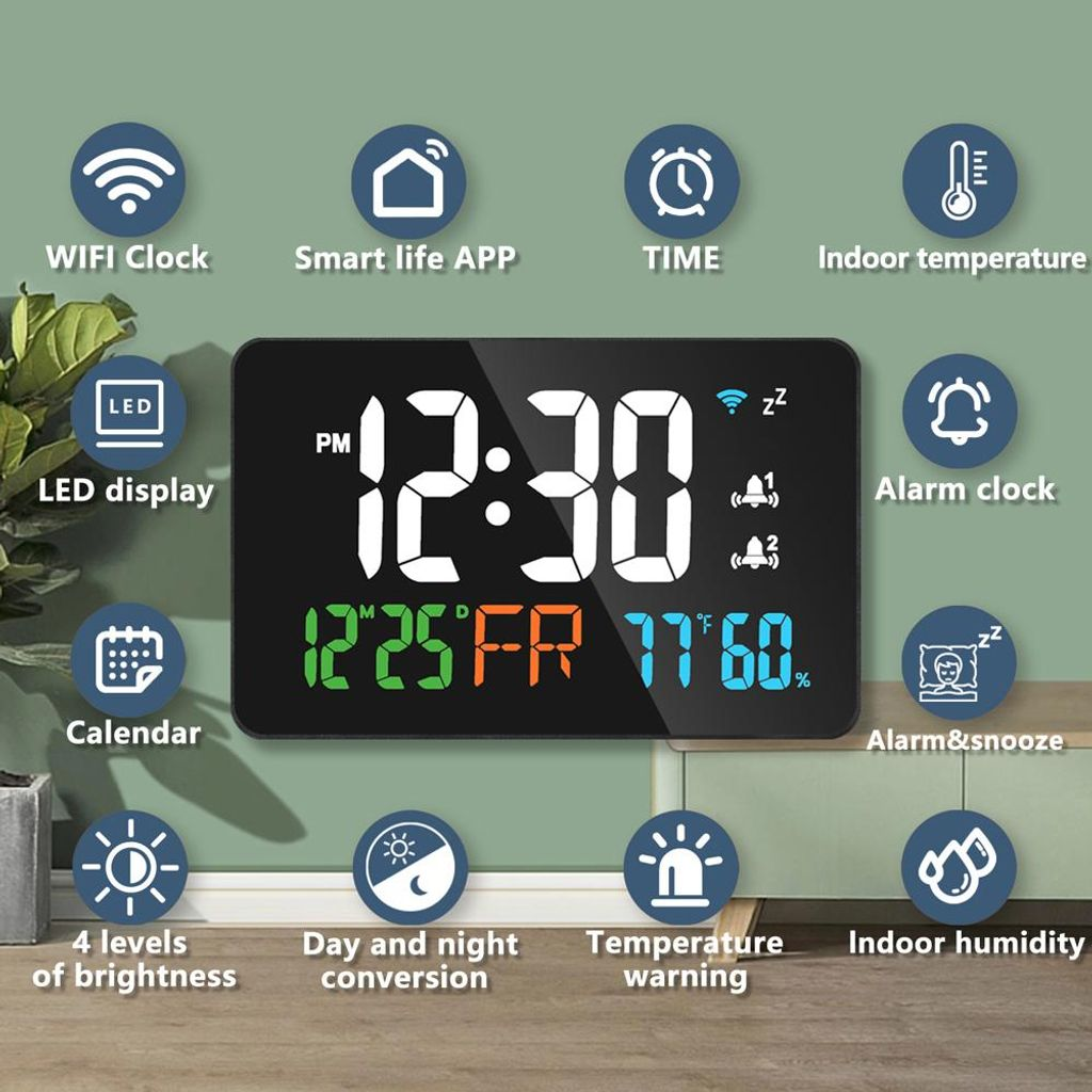 Ein moderner Digitalwecker zeigt 12:30 Uhr, Datum, Temperatur und Luftfeuchtigkeit an.