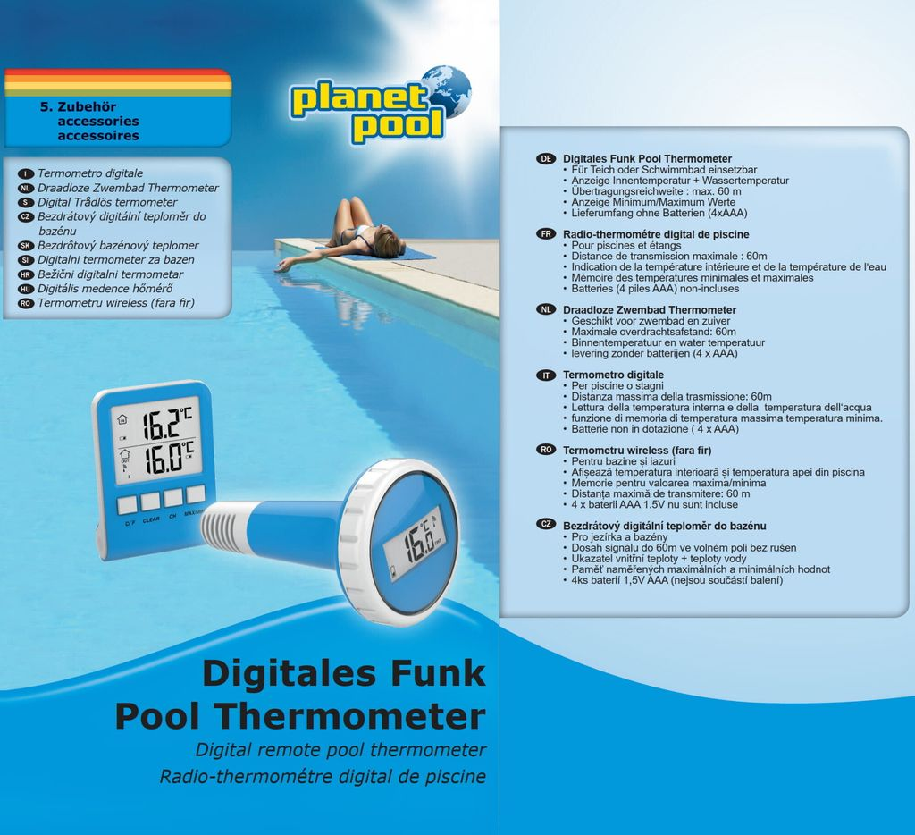 Digitaler Pool Thermometer mit Fernanzeige und blauem Gehäuse, zeigt Wassertemperatur.