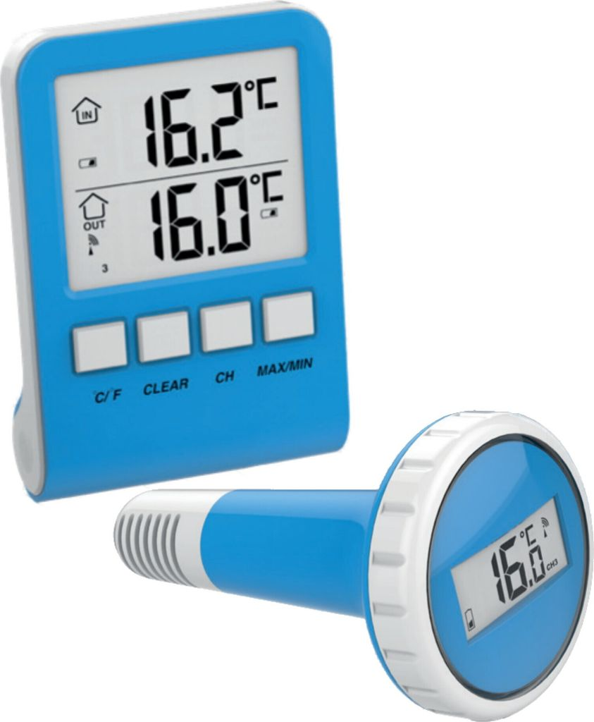 Ein blauer Thermometer-Hauptteil mit LCD-Anzeige und einem separaten blauen und weißen Sonden-Thermometer daneben.