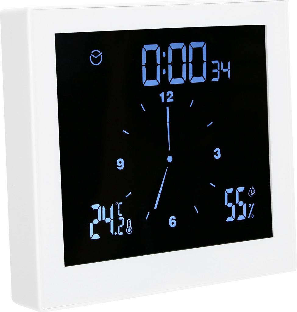 Ein weißer Digitalwecker zeigt 0:00 Uhr, 24,5°C und 55% Luftfeuchtigkeit an.