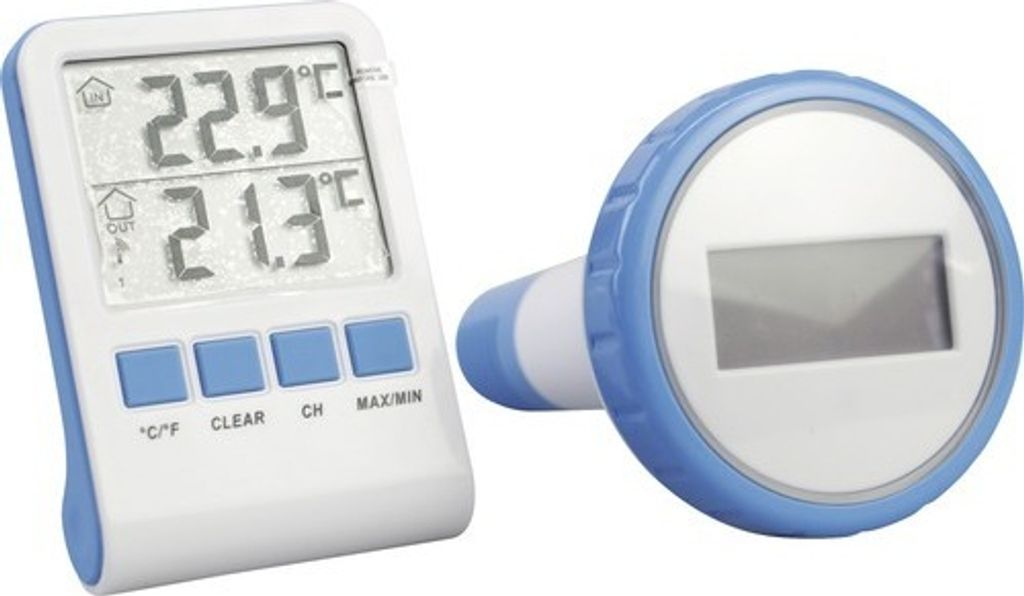 Ein digitaler Thermometer und ein runder Poolthermometer mit blauen Akzenten.
