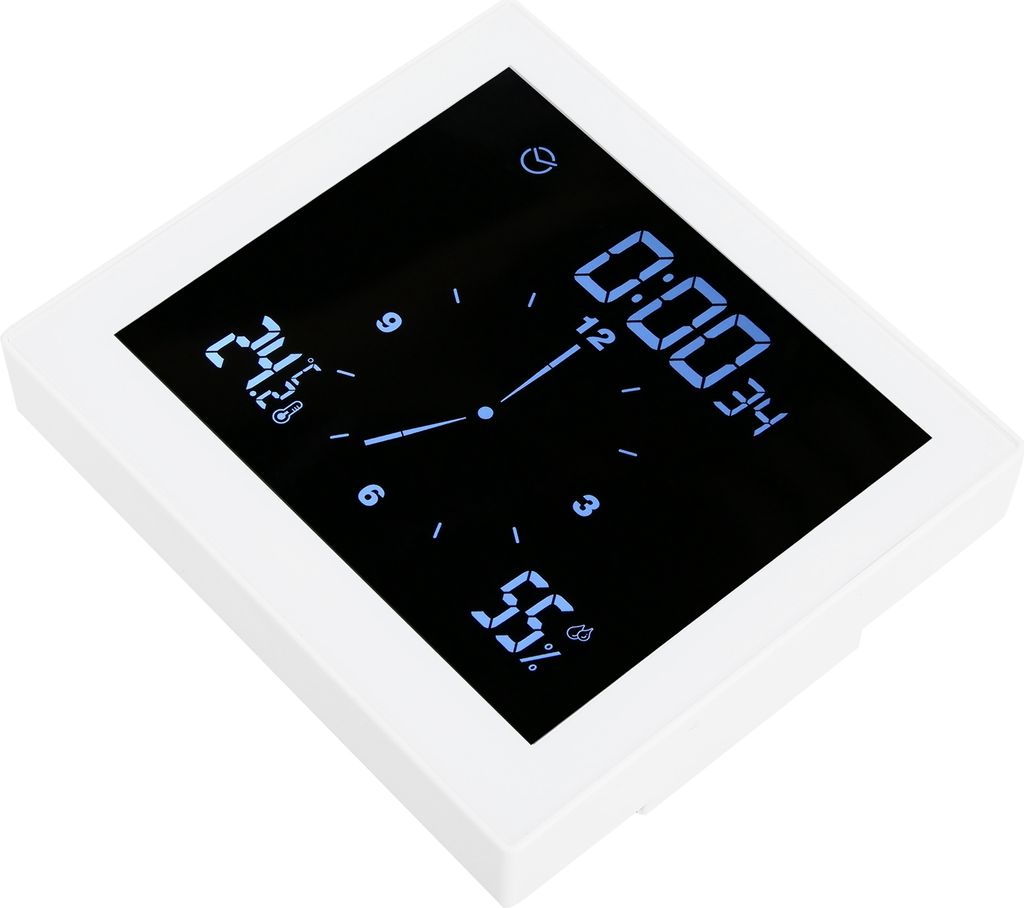 Weißes Thermostat mit digitaler Anzeige: 24,5 Grad, 0:00 Uhr, 34 % Luftfeuchtigkeit.
