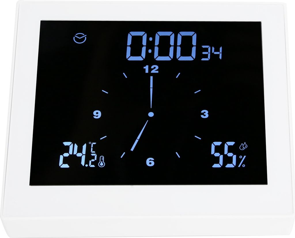 Digitale Uhr zeigt 0:00, 24,2C Temp, 55% Luftfeuchtigkeit, Zifferblatt.