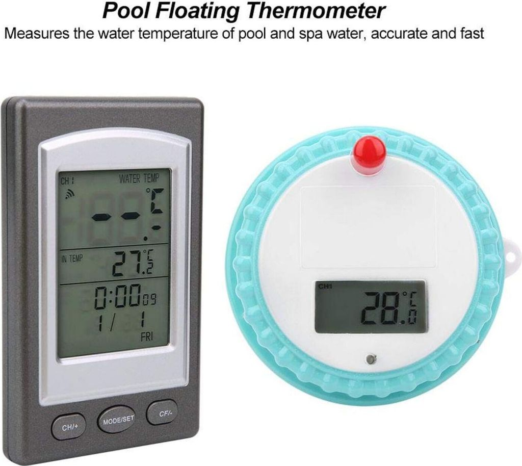 Ein graues und ein türkisfarbenes Poolthermometer mit digitalen Displays.