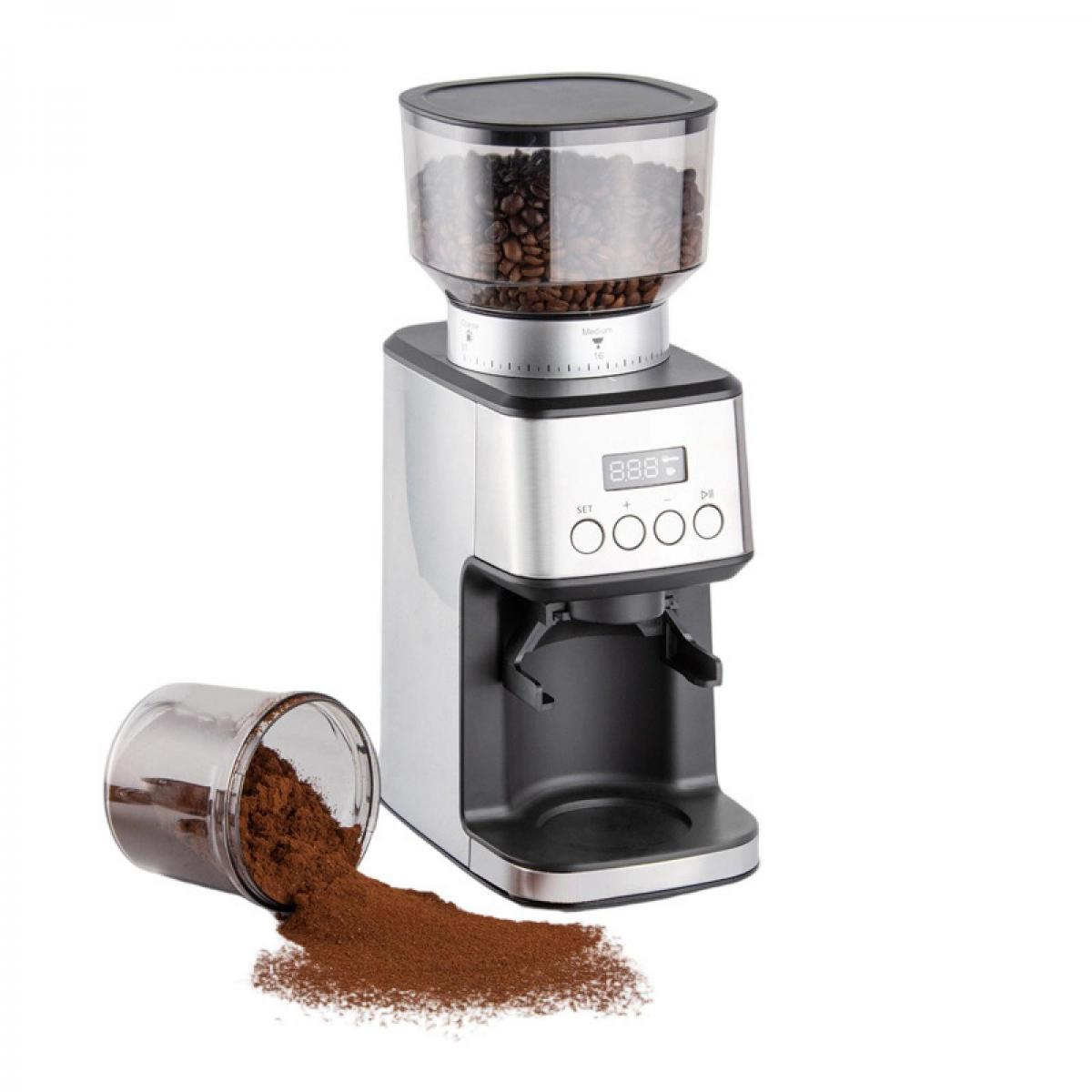 Silberner Kaffeemühle mit Bohnenbehälter und Kaffeesatzbehälter.
