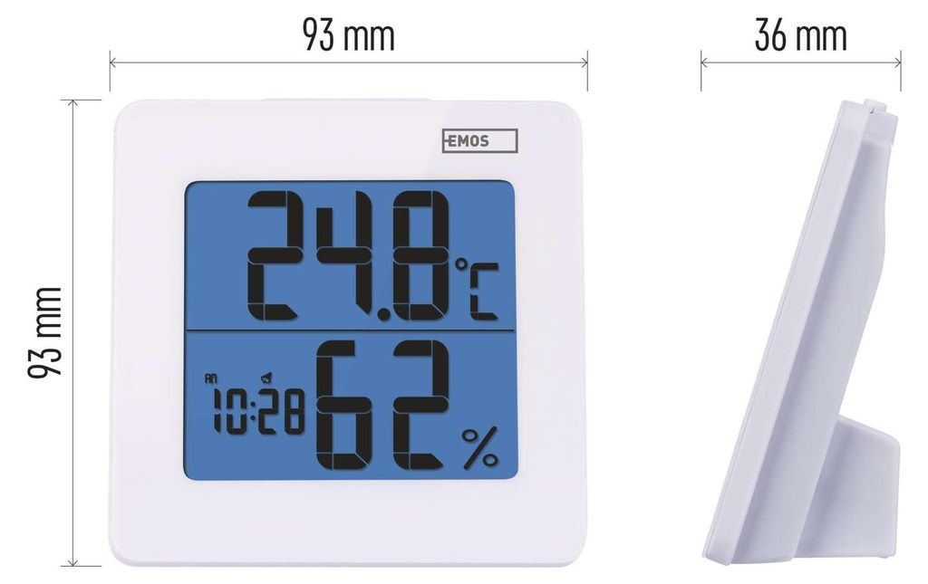 Ein weißes Thermometer zeigt 24,8 Grad Celsius und 62% Luftfeuchtigkeit an.
