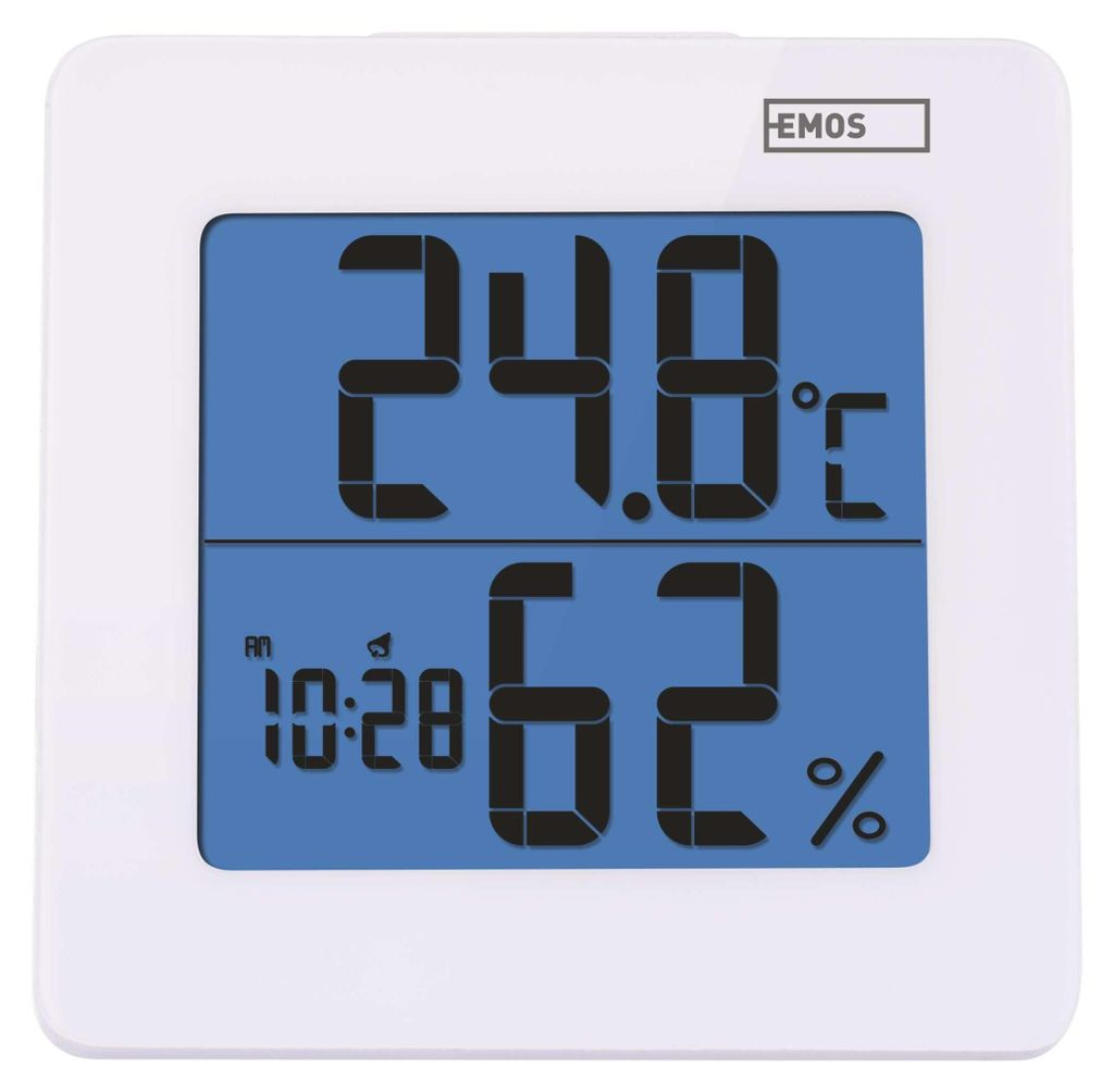 Digitales Thermometer zeigt 24.8°C und 62% Luftfeuchtigkeit an.