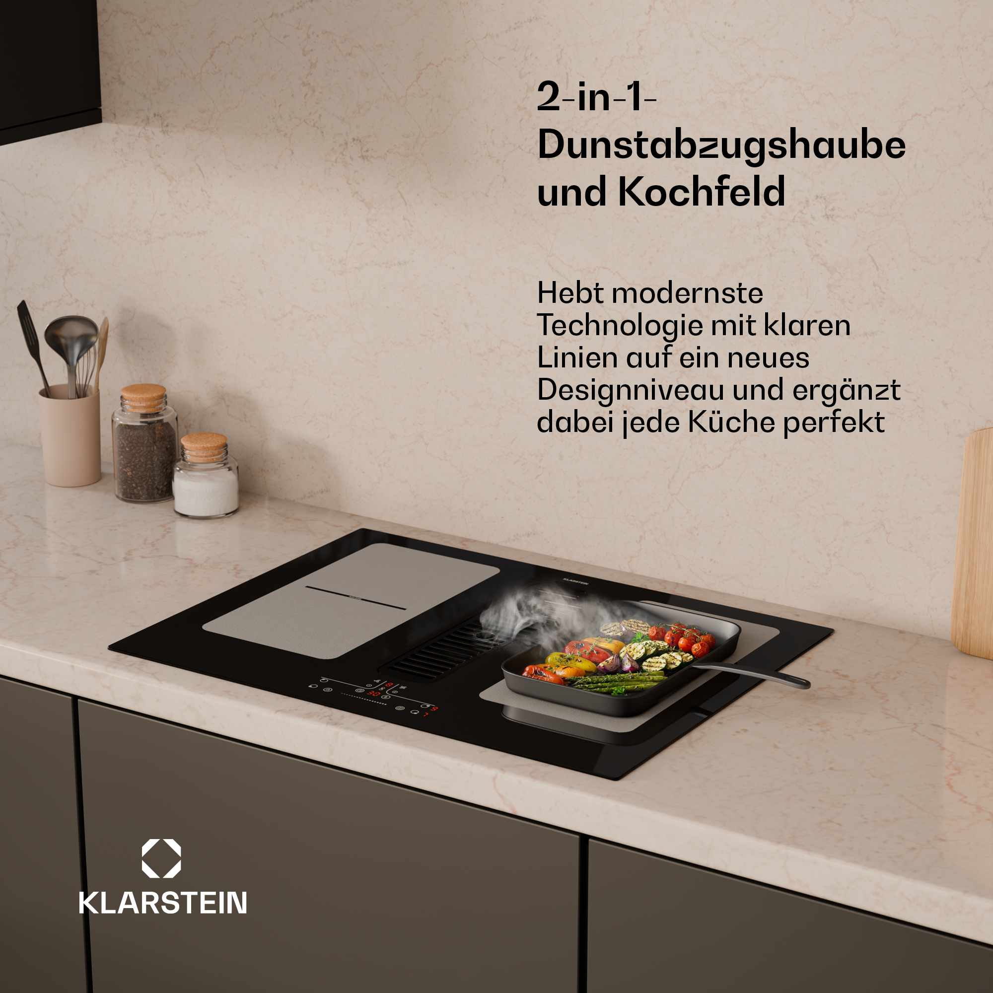 Ein Kochfeld mit integrierter Dunstabzugshaube, auf dem Gemüse gegrillt wird.