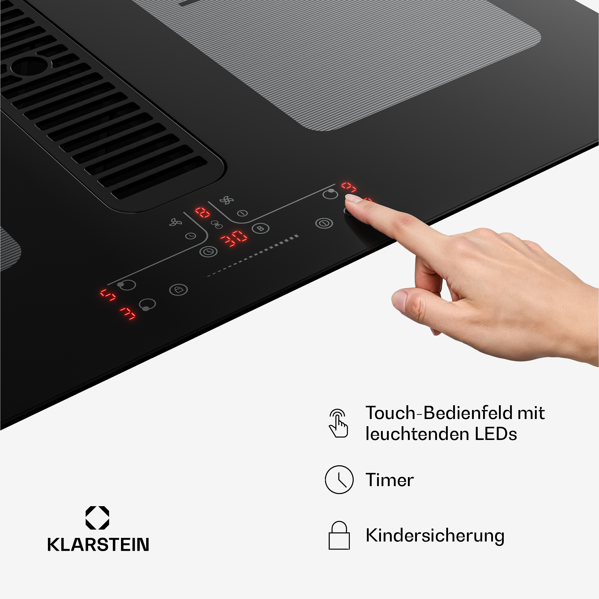 Eine Hand berührt ein schwarzes Bedienfeld mit roten LED-Anzeigen und Symbolen.