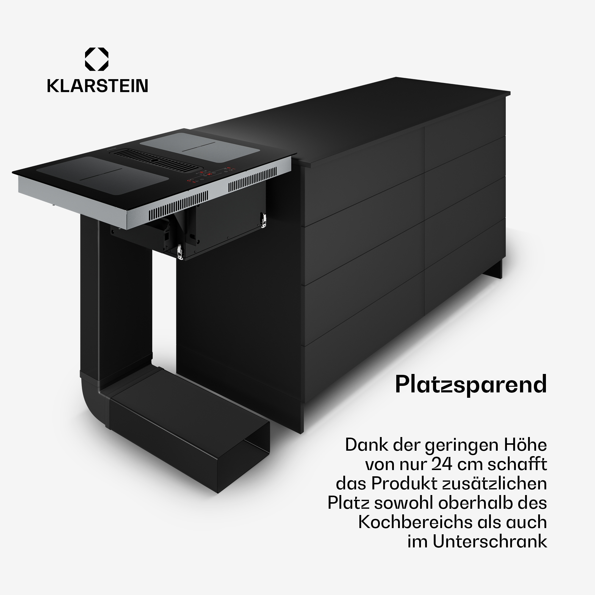 Schwarzes Kochfeld mit Schubladenunterschrank und Klarstein Logo.