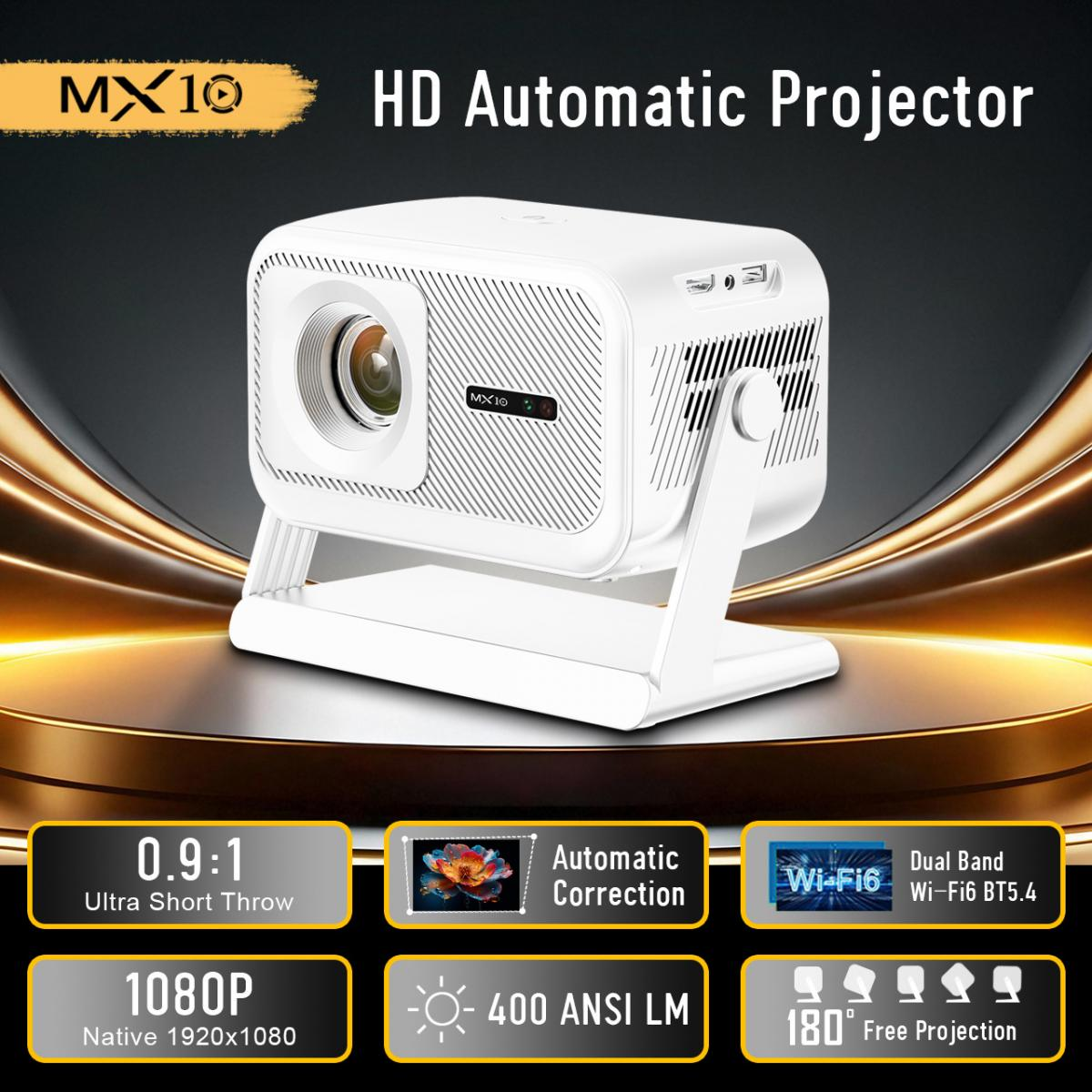 Ein weißer HD-Projektor mit MX10-Logo, 0,9:1 Wurfweite, 1080p, 400 ANSI-Lumen.