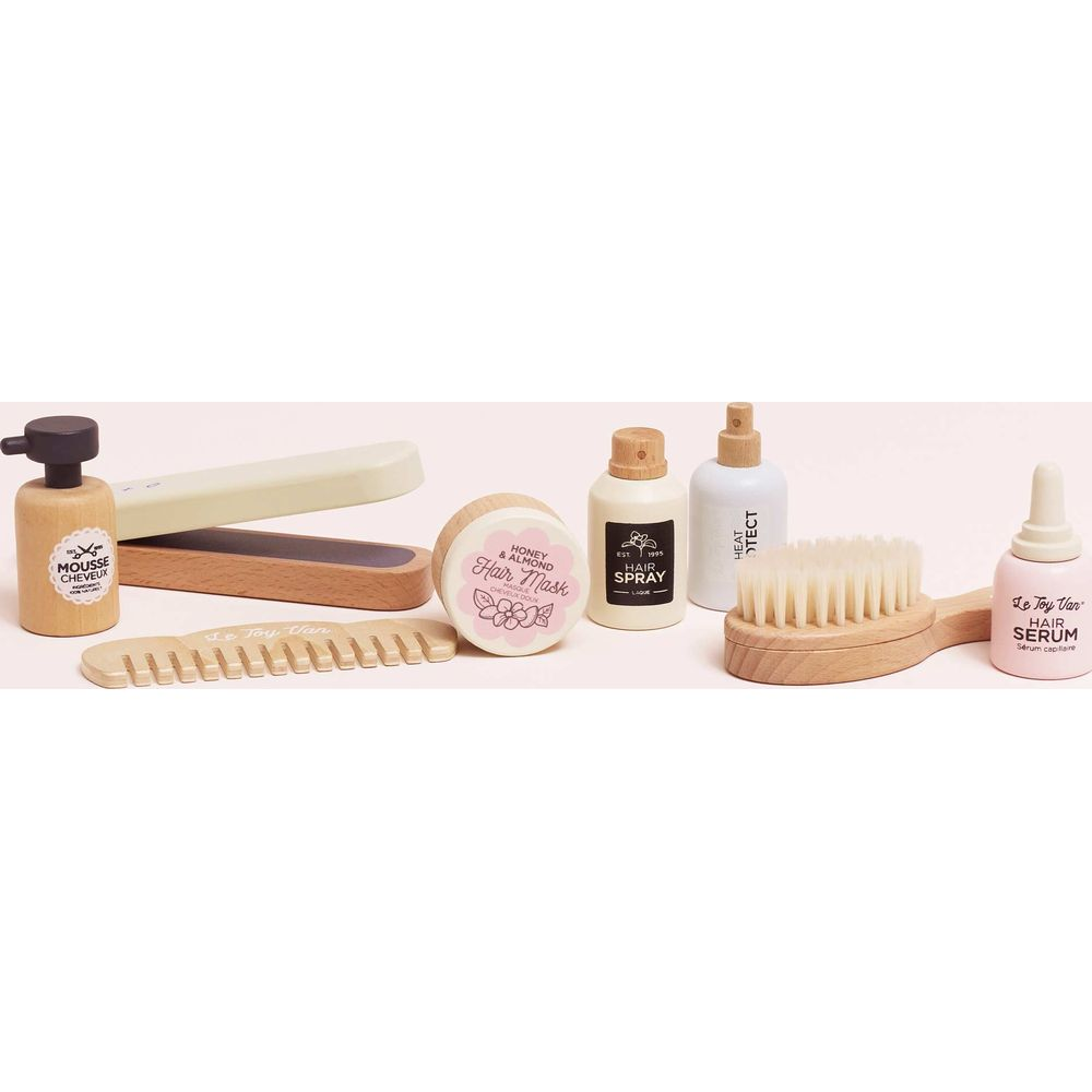 Set gioco per capelli in legno: pettine, mousse, maschera, spray, spazzola, siero, piastra.
