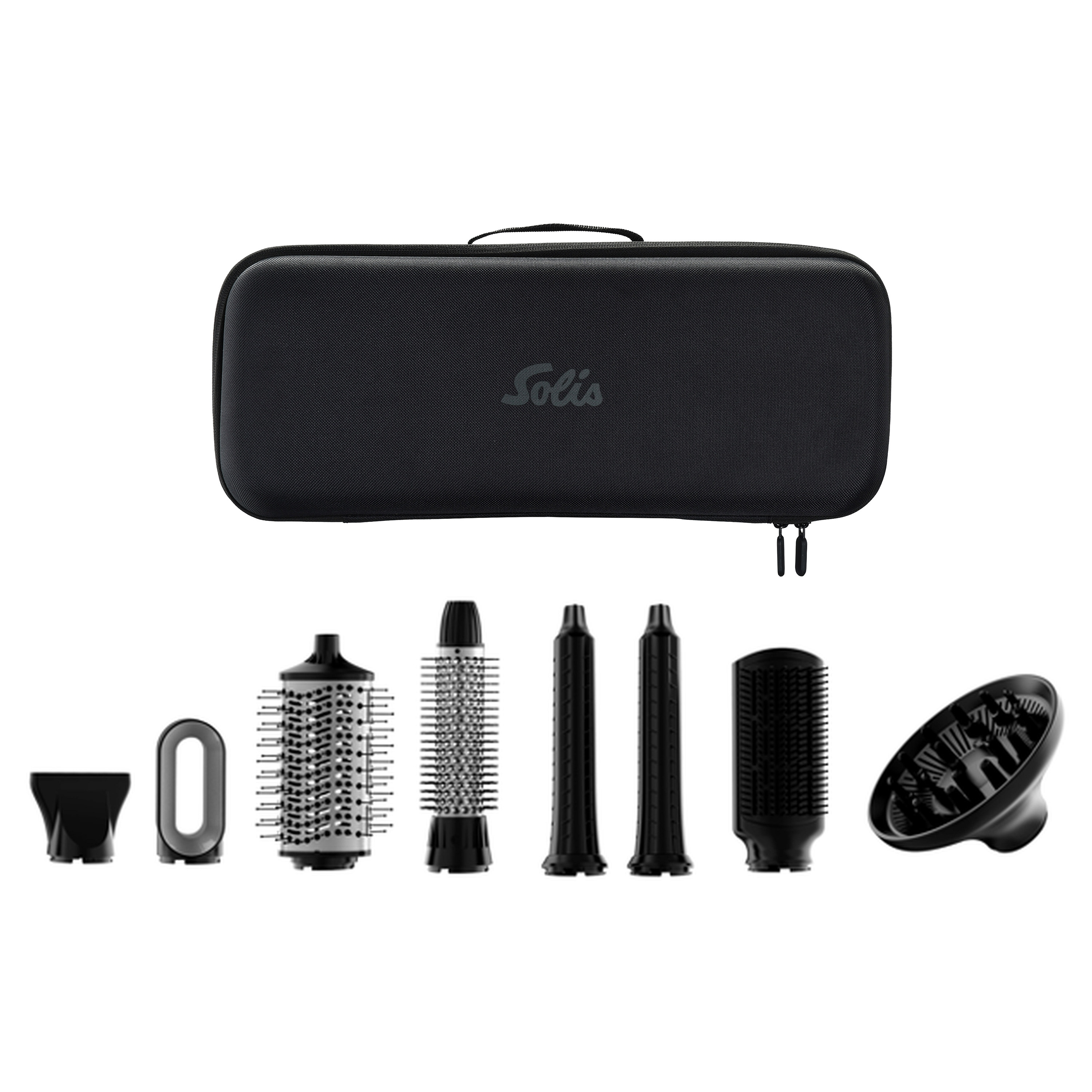 Una custodia da viaggio nera con vari accessori per capelli.