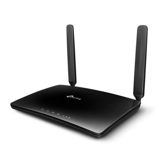 Czarny router TP-Link z dwiema antenami i lampkami kontrolnymi.