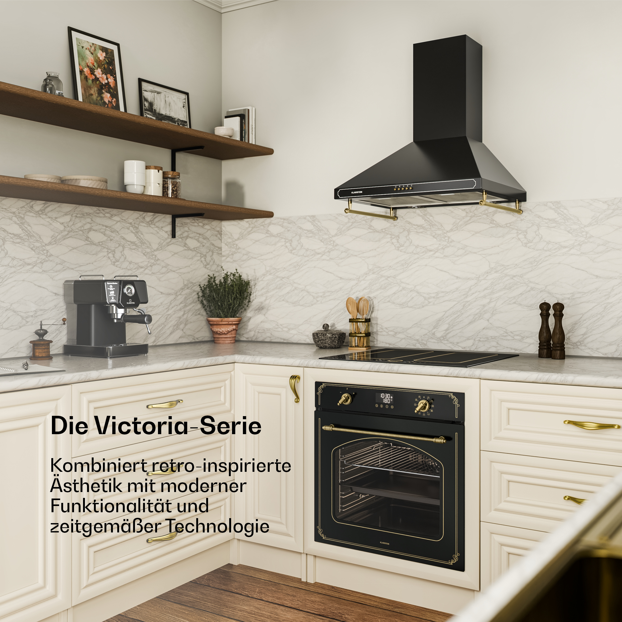 Moderne Küche mit Retro-Ofen, Dunstabzugshaube und Espressomaschine.