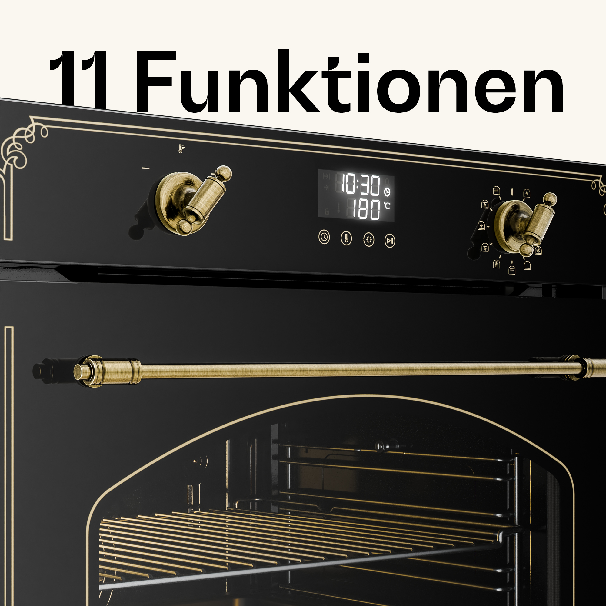 Schwarzer Ofen mit goldener Zierleiste, digitaler Anzeige und Drehknöpfen.