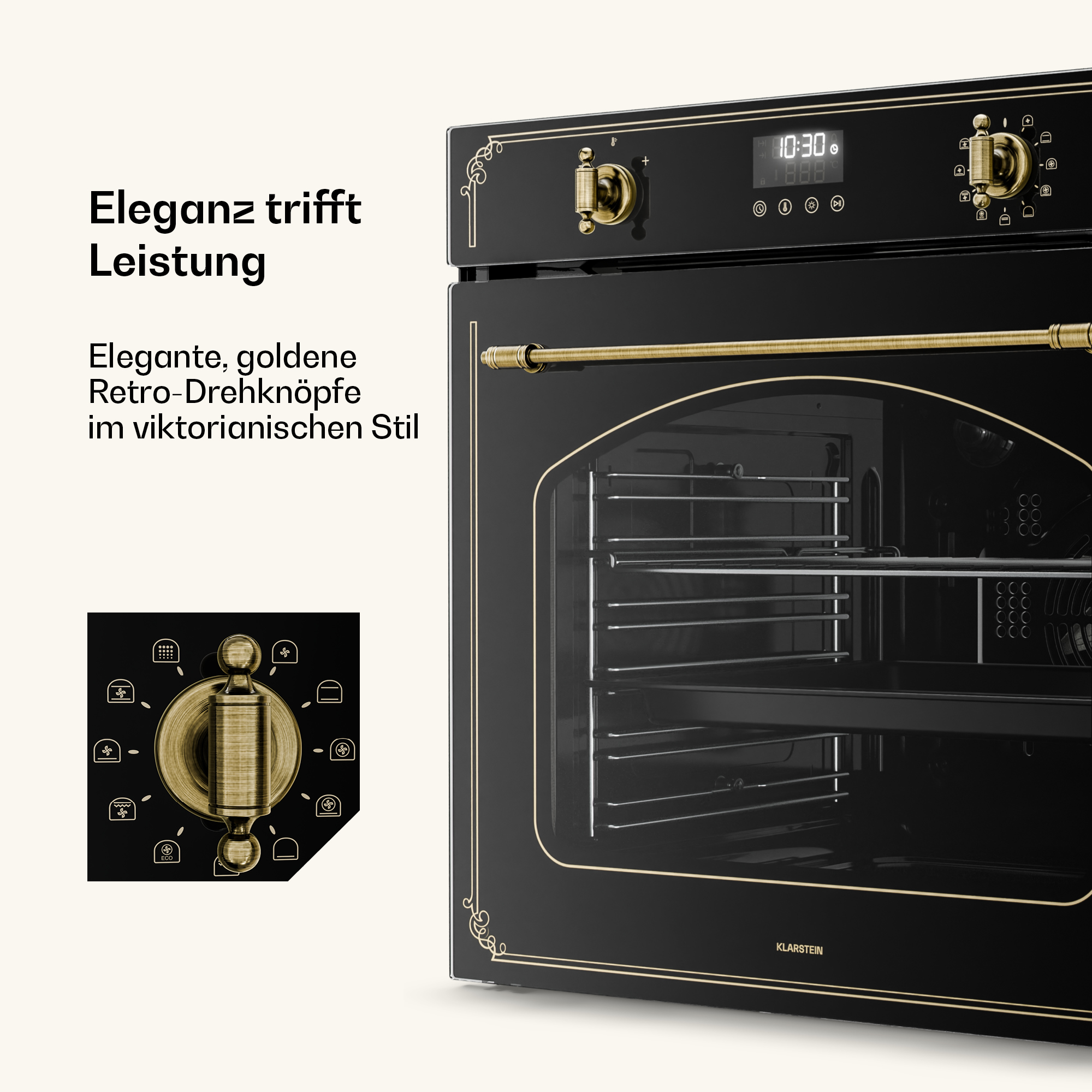 Ein schwarzer Retro-Ofen mit goldenen Akzenten und einem digitalen Display.