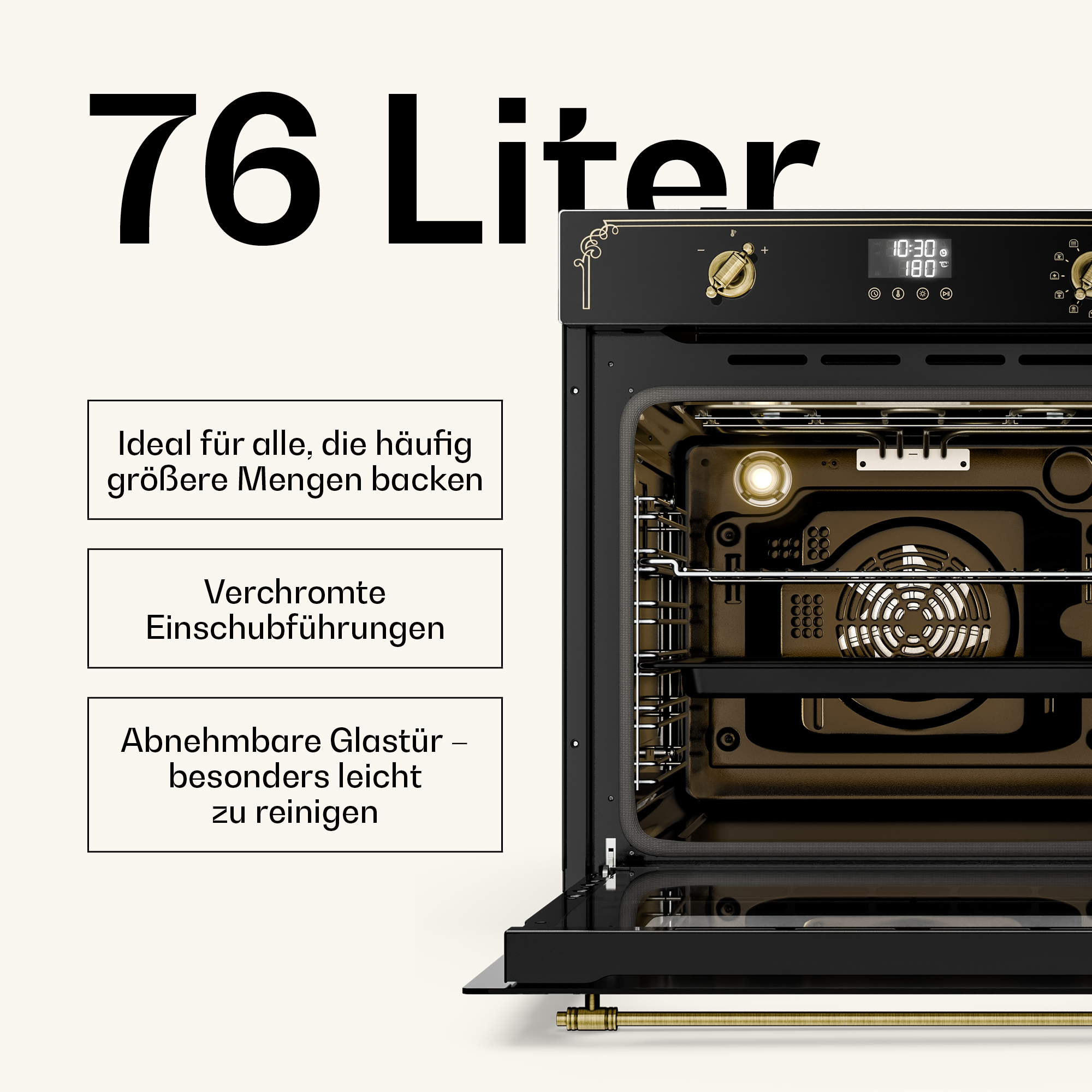 Ein moderner Backofen mit 76 Litern Fassungsvermögen, goldfarbenen Akzenten.