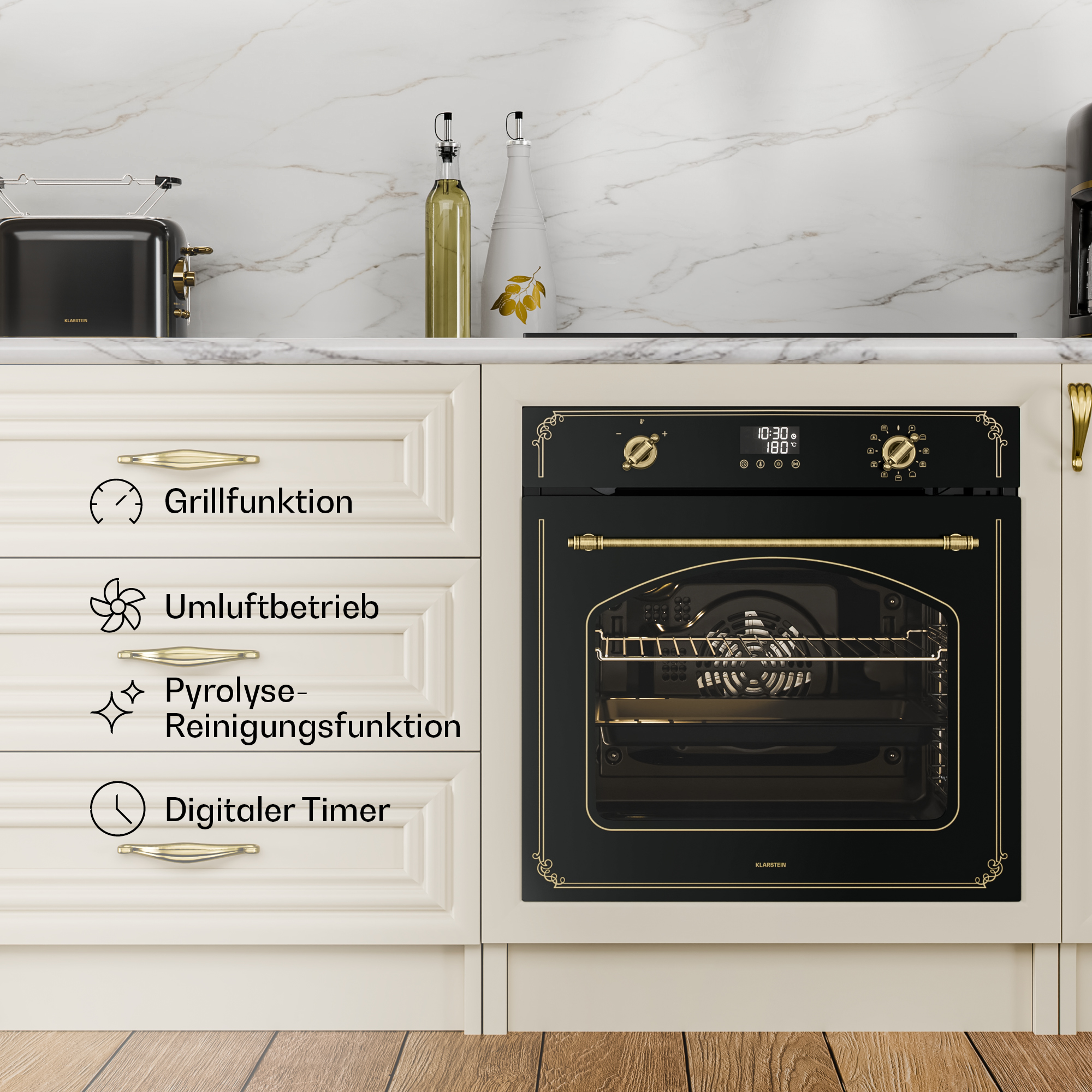 Einbauküche mit schwarzem Ofen, Toaster, Ölflaschen und Marmorarbeitsplatte.
