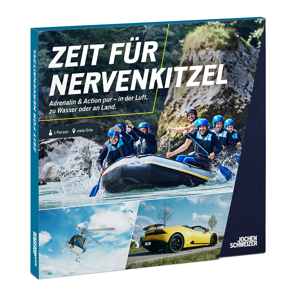 Cover: Rafting, Helikopterflug und Sportwagen. "Zeit für Nervenkitzel"